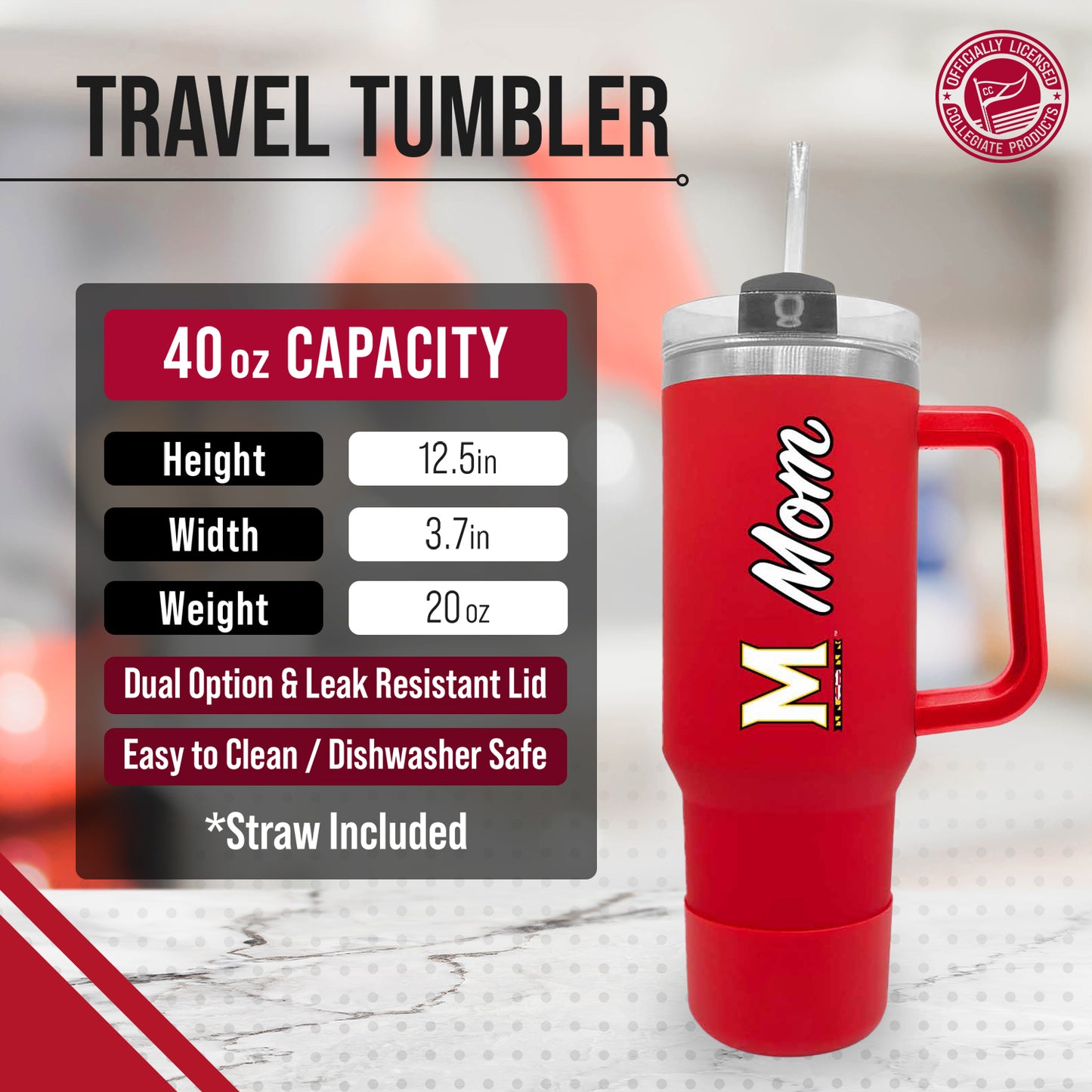 Maryland Terrapins Collegiate 40oz Stainless Steel Travel Tumbler with Handle for Mom - Red