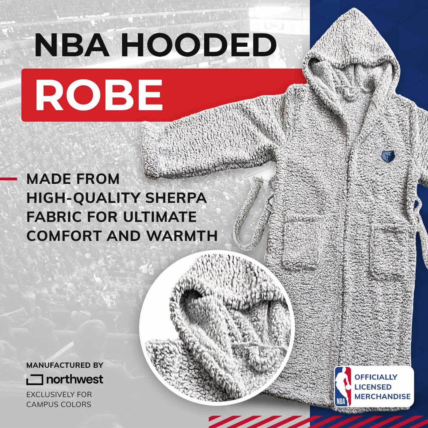 Memphis Grizzlies NBA Adult Plush Hooded Robe with Pockets - Gray