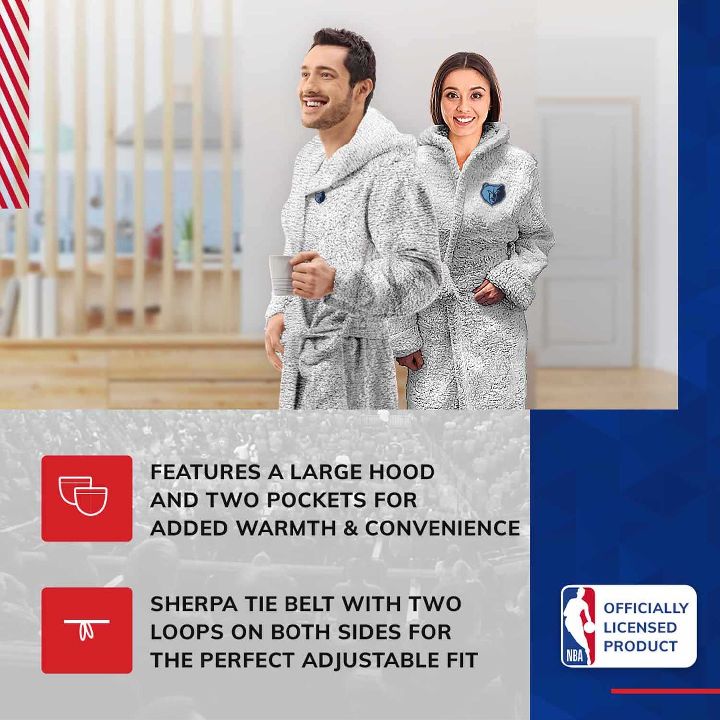 Memphis Grizzlies NBA Adult Plush Hooded Robe with Pockets - Gray