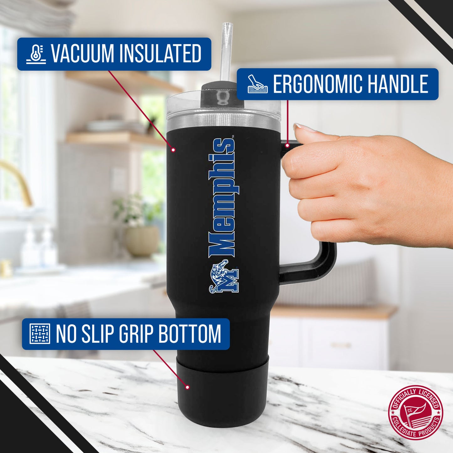 Memphis Tigers College & University 40 oz Travel Tumbler With Handle - Black