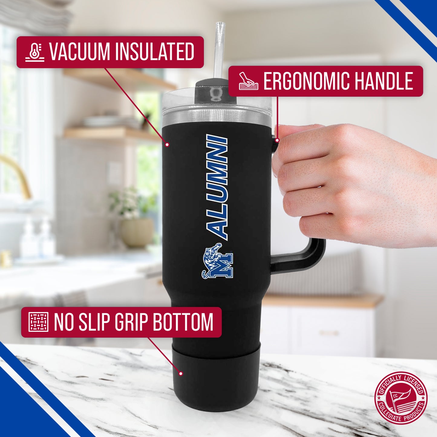 Memphis Tigers Collegiate 40oz Stainless Steel Travel Tumbler with Handle for Alumni - Black