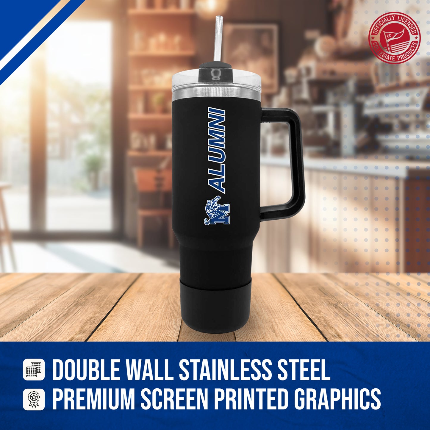 Memphis Tigers Collegiate 40oz Stainless Steel Travel Tumbler with Handle for Alumni - Black