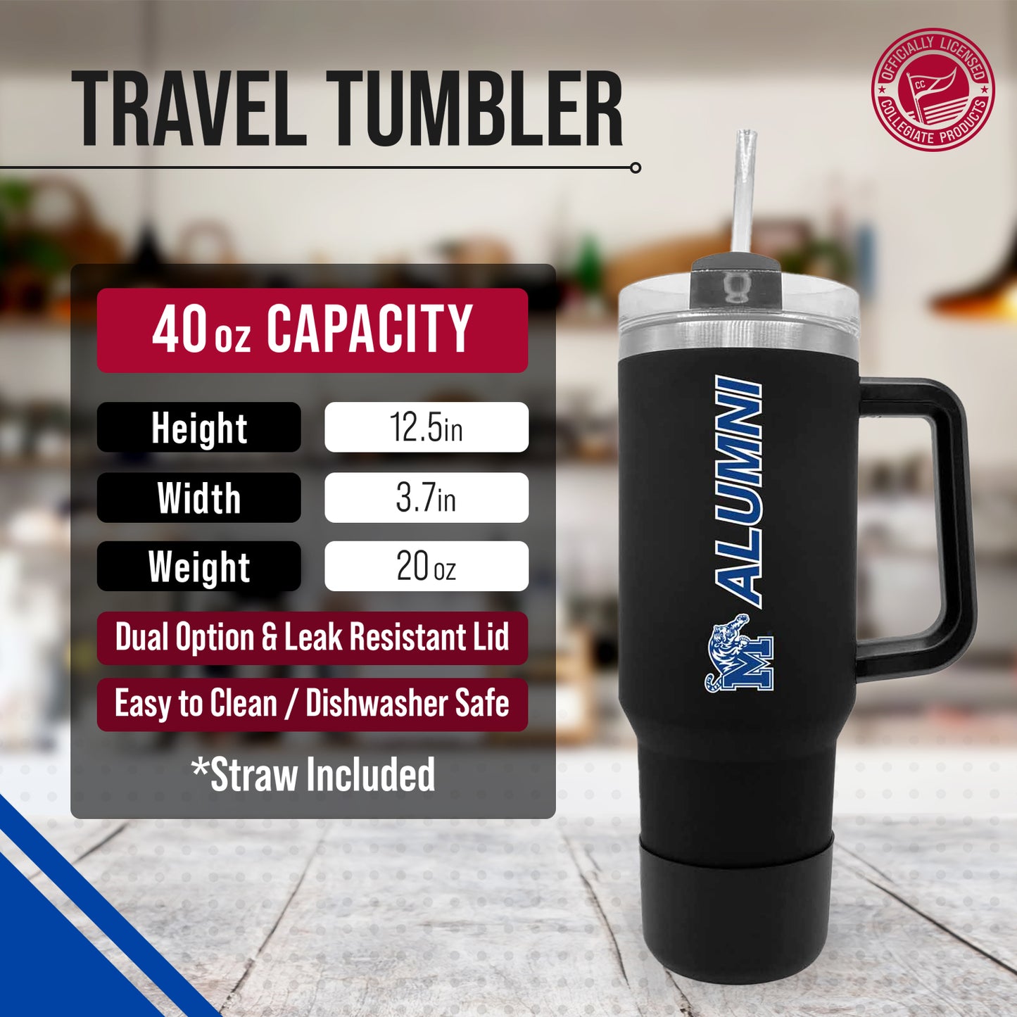 Memphis Tigers Collegiate 40oz Stainless Steel Travel Tumbler with Handle for Alumni - Black