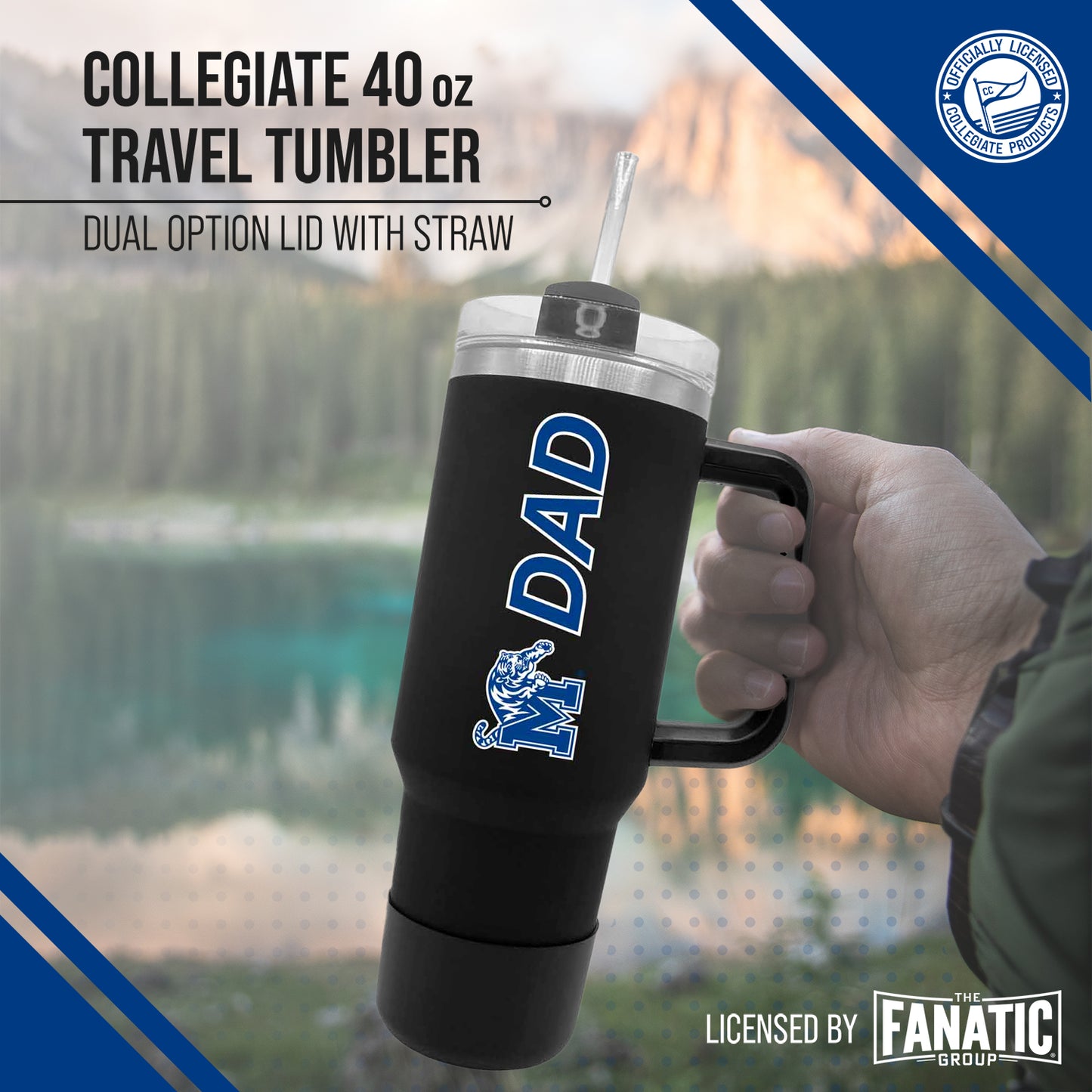 Memphis Tigers Collegiate 40oz Stainless Steel Travel Tumbler with Handle for Dad - Black