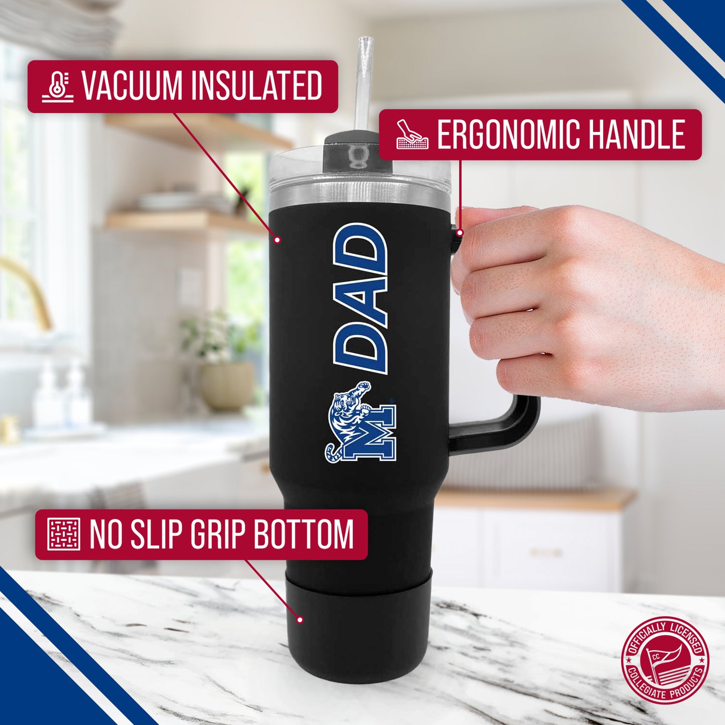 Memphis Tigers Collegiate 40oz Stainless Steel Travel Tumbler with Handle for Dad - Black