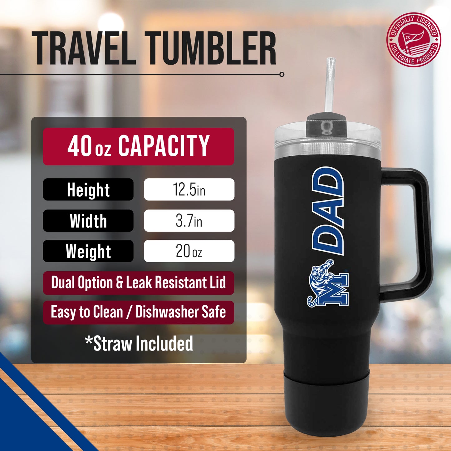 Memphis Tigers Collegiate 40oz Stainless Steel Travel Tumbler with Handle for Dad - Black