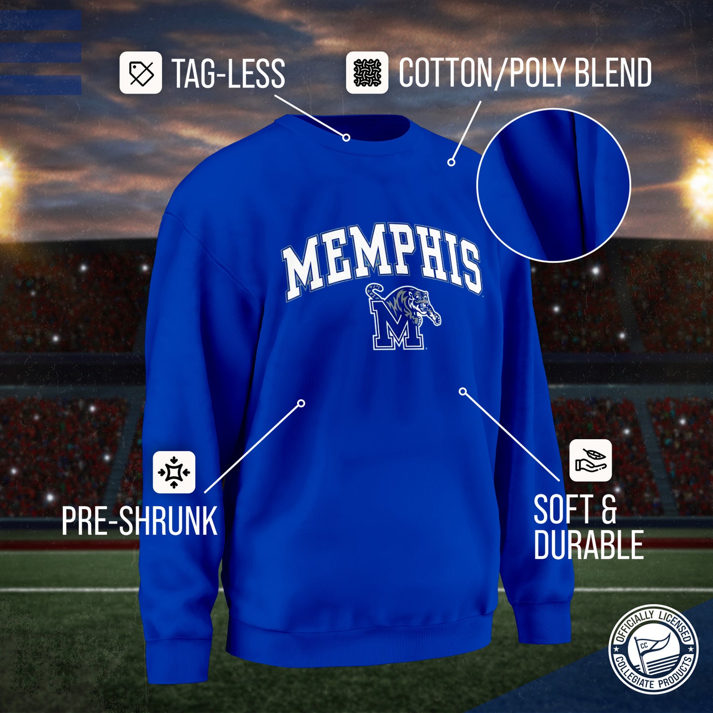 Memphis Tigers Adult Arch & Logo Soft Style Gameday Crewneck Sweatshirt - Royal