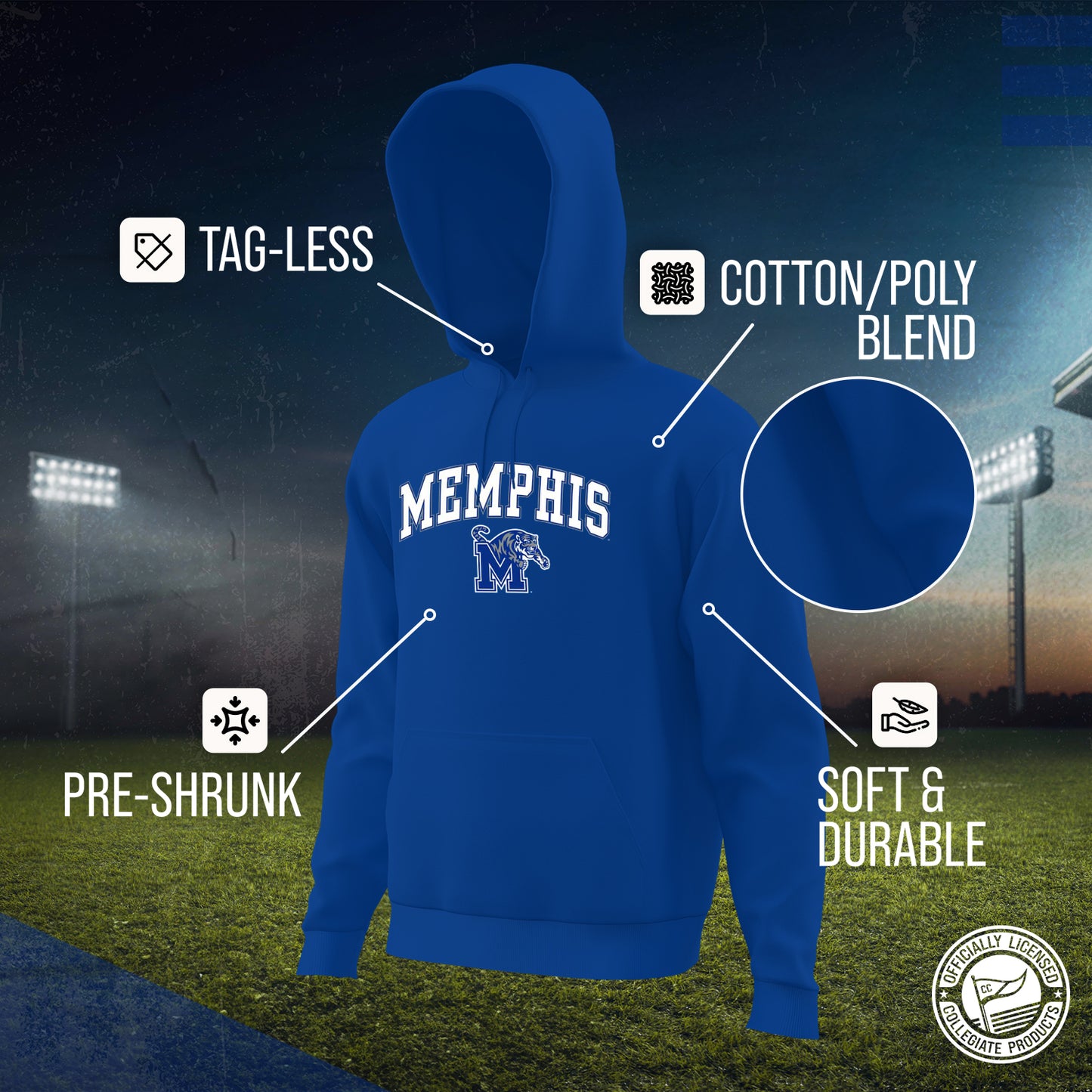 Memphis Tigers Adult Arch & Logo Soft Style Gameday Hooded Sweatshirt - Royal