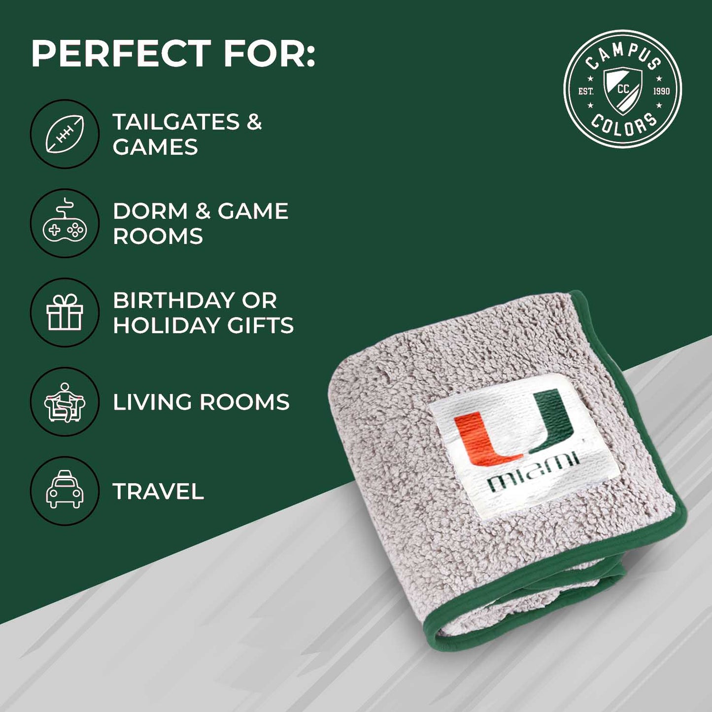 Miami Hurricanes NCAA Silk Sherpa College Throw Blanket - Green