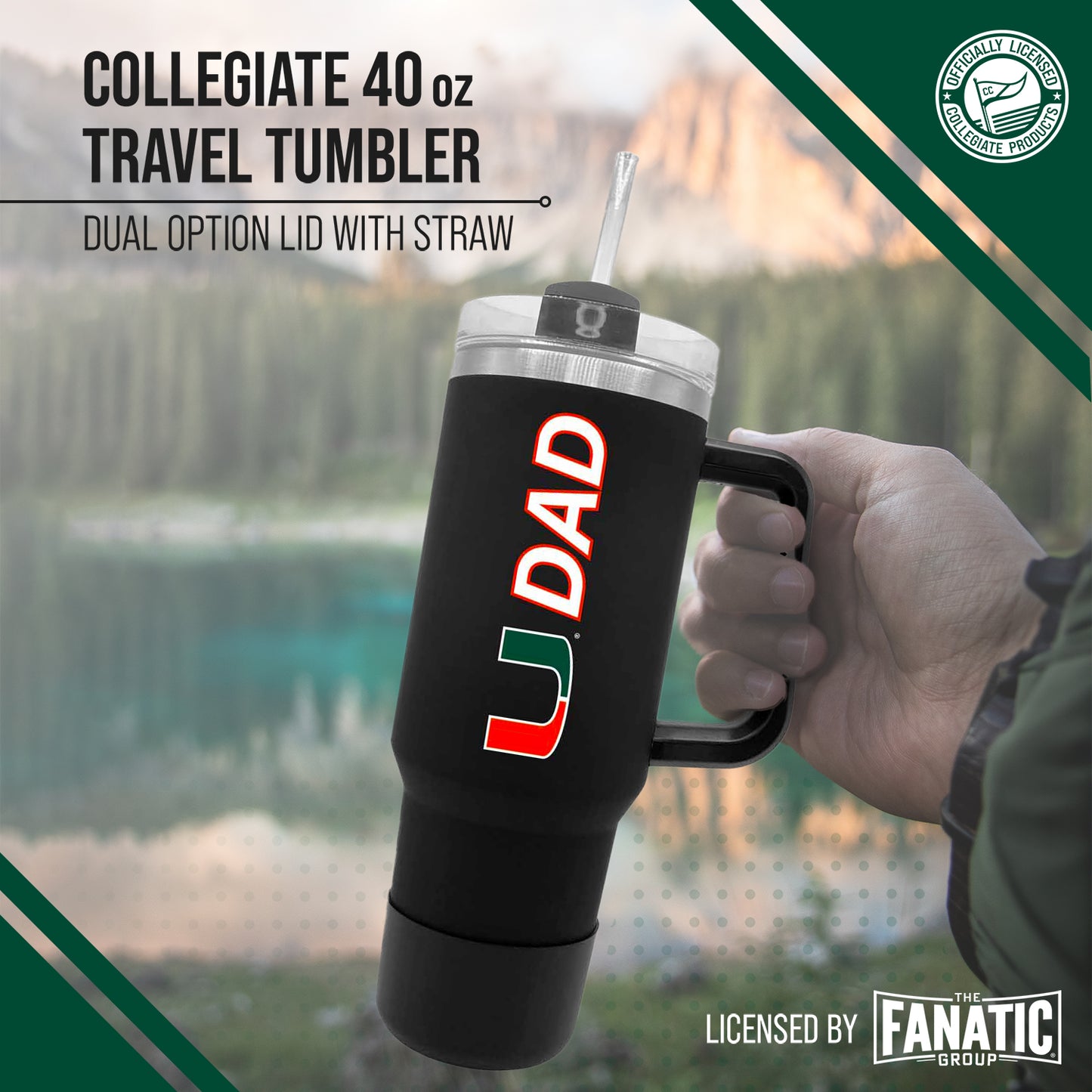 Miami Hurricanes Collegiate 40oz Stainless Steel Travel Tumbler with Handle for Dad - Black