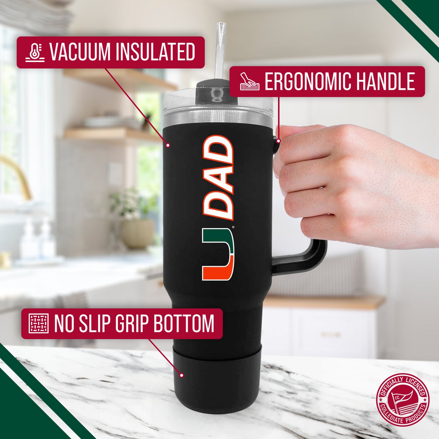 Miami Hurricanes Collegiate 40oz Stainless Steel Travel Tumbler with Handle for Dad - Black