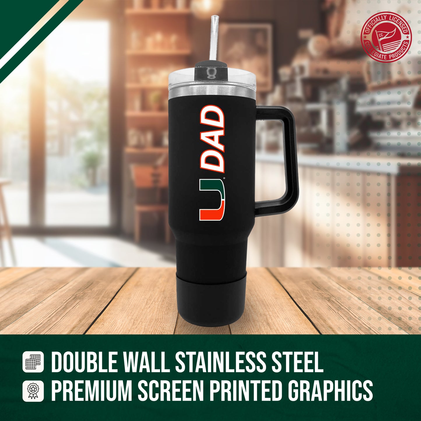 Miami Hurricanes Collegiate 40oz Stainless Steel Travel Tumbler with Handle for Dad - Black