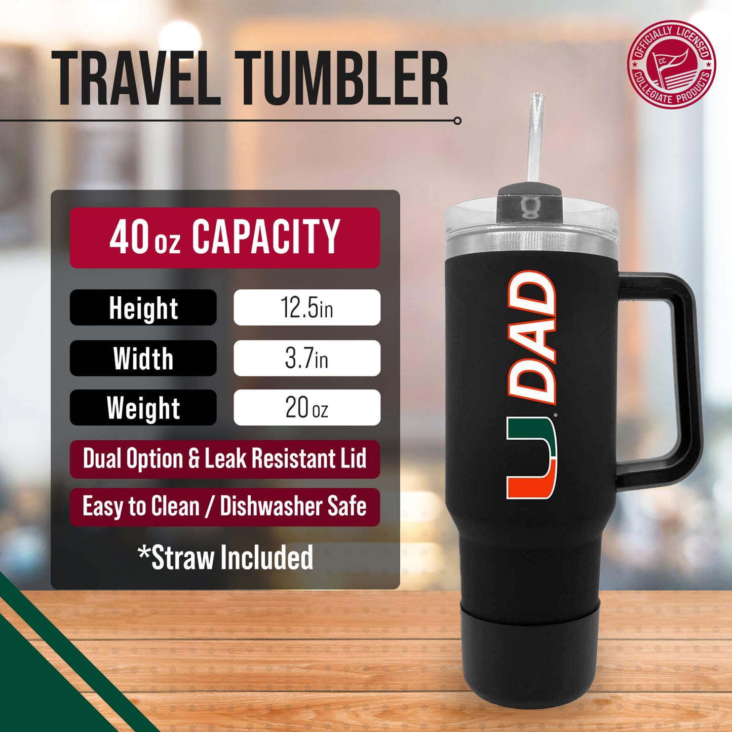 Miami Hurricanes Collegiate 40oz Stainless Steel Travel Tumbler with Handle for Dad - Black