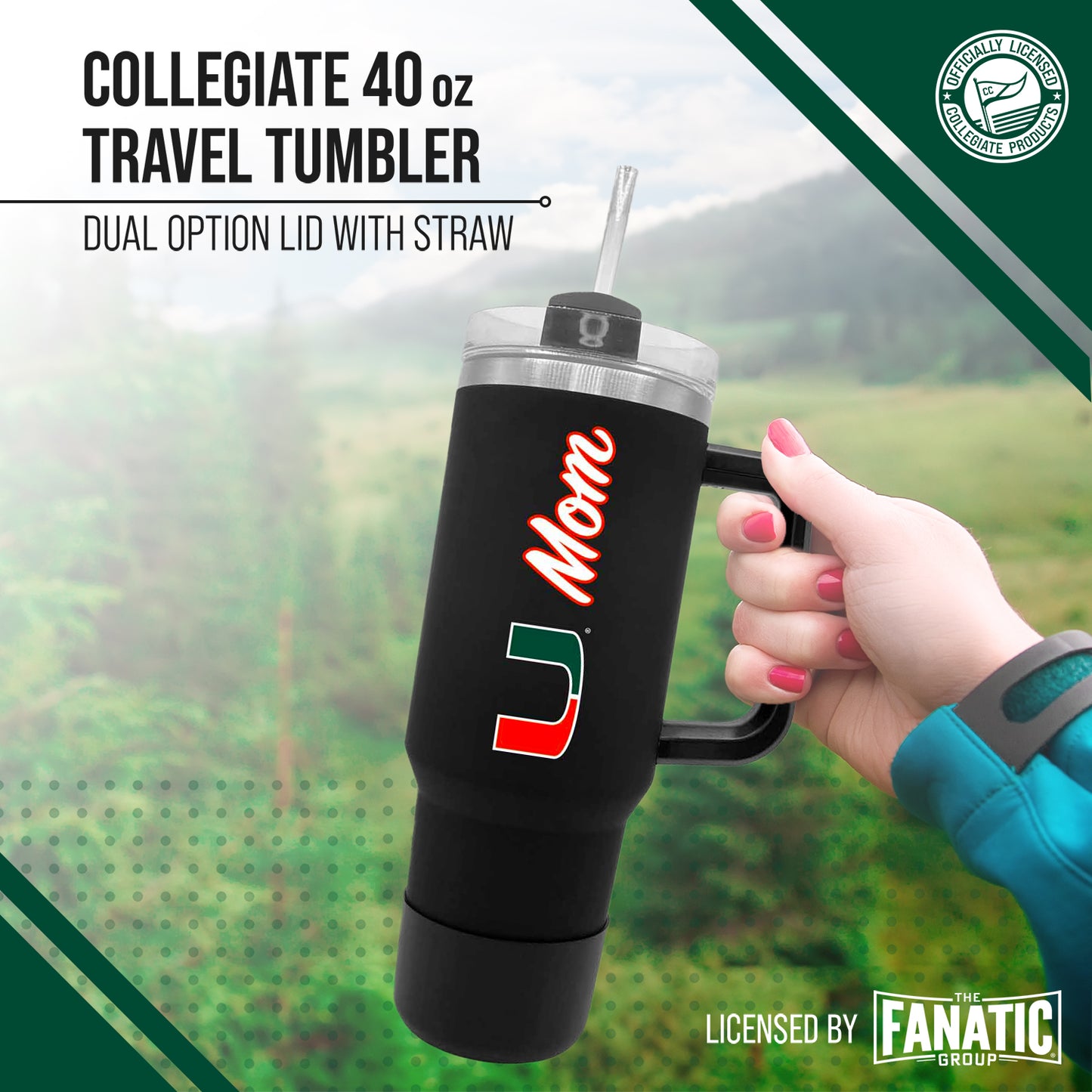 Miami Hurricanes Collegiate 40oz Stainless Steel Travel Tumbler with Handle for Mom - Black