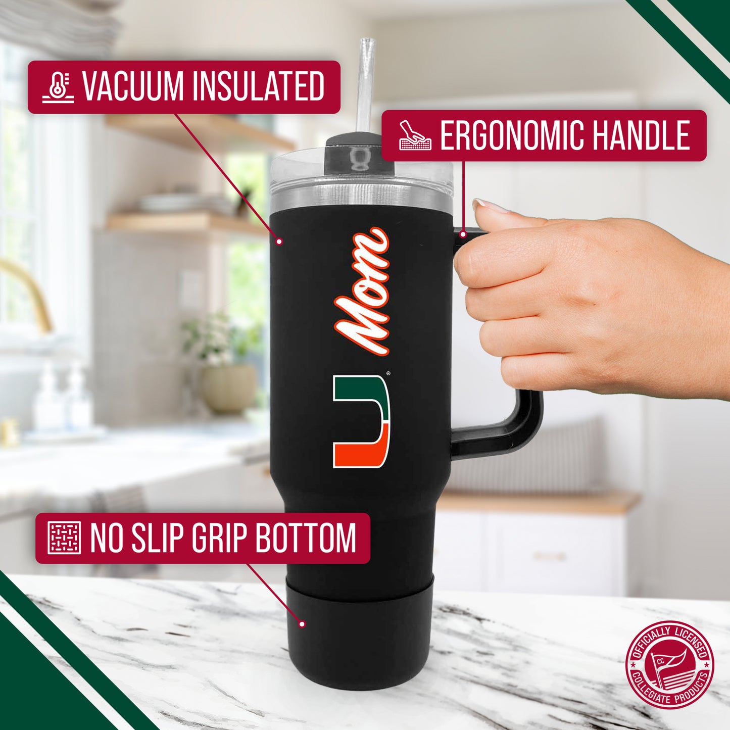 Miami Hurricanes Collegiate 40oz Stainless Steel Travel Tumbler with Handle for Mom - Black
