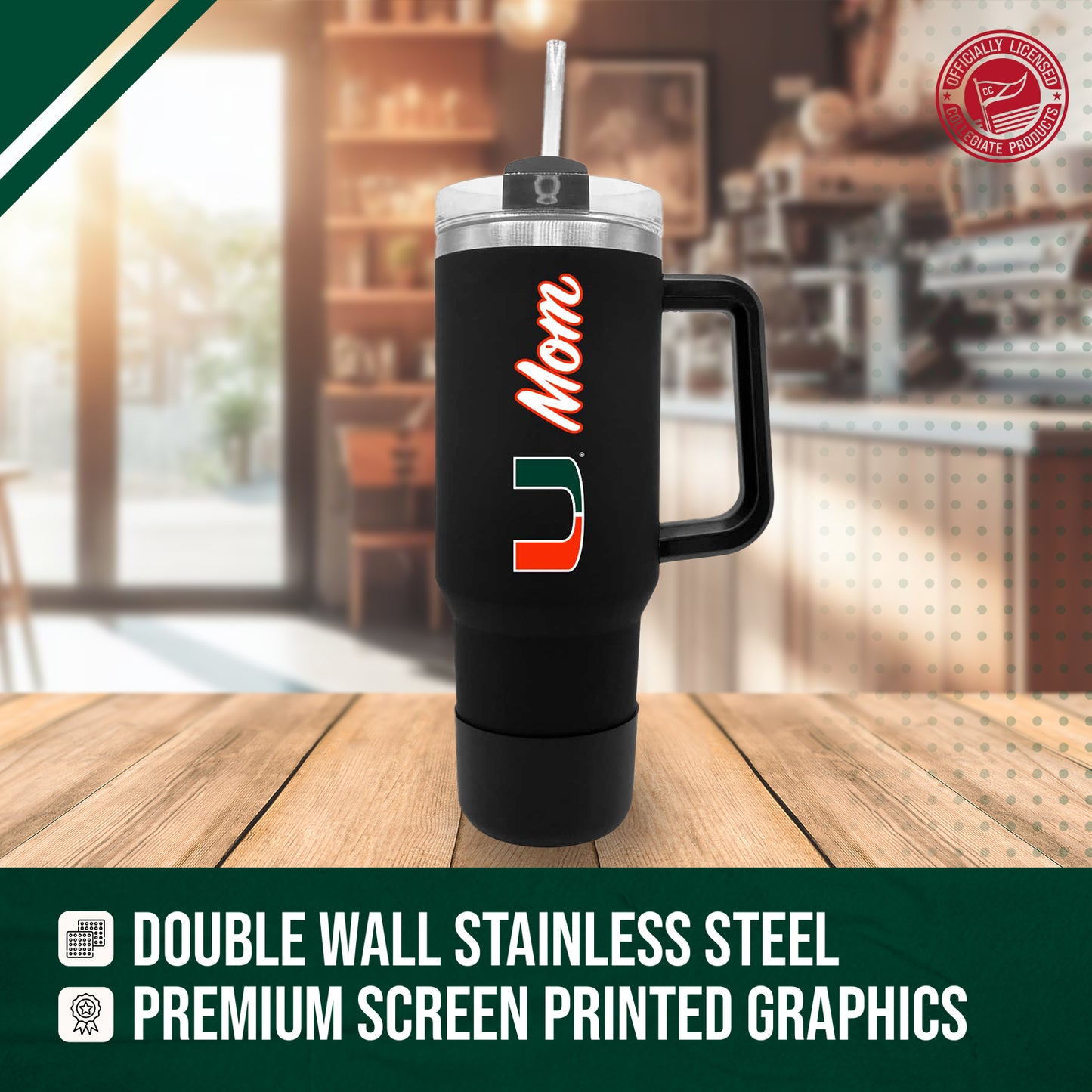 Miami Hurricanes Collegiate 40oz Stainless Steel Travel Tumbler with Handle for Mom - Black
