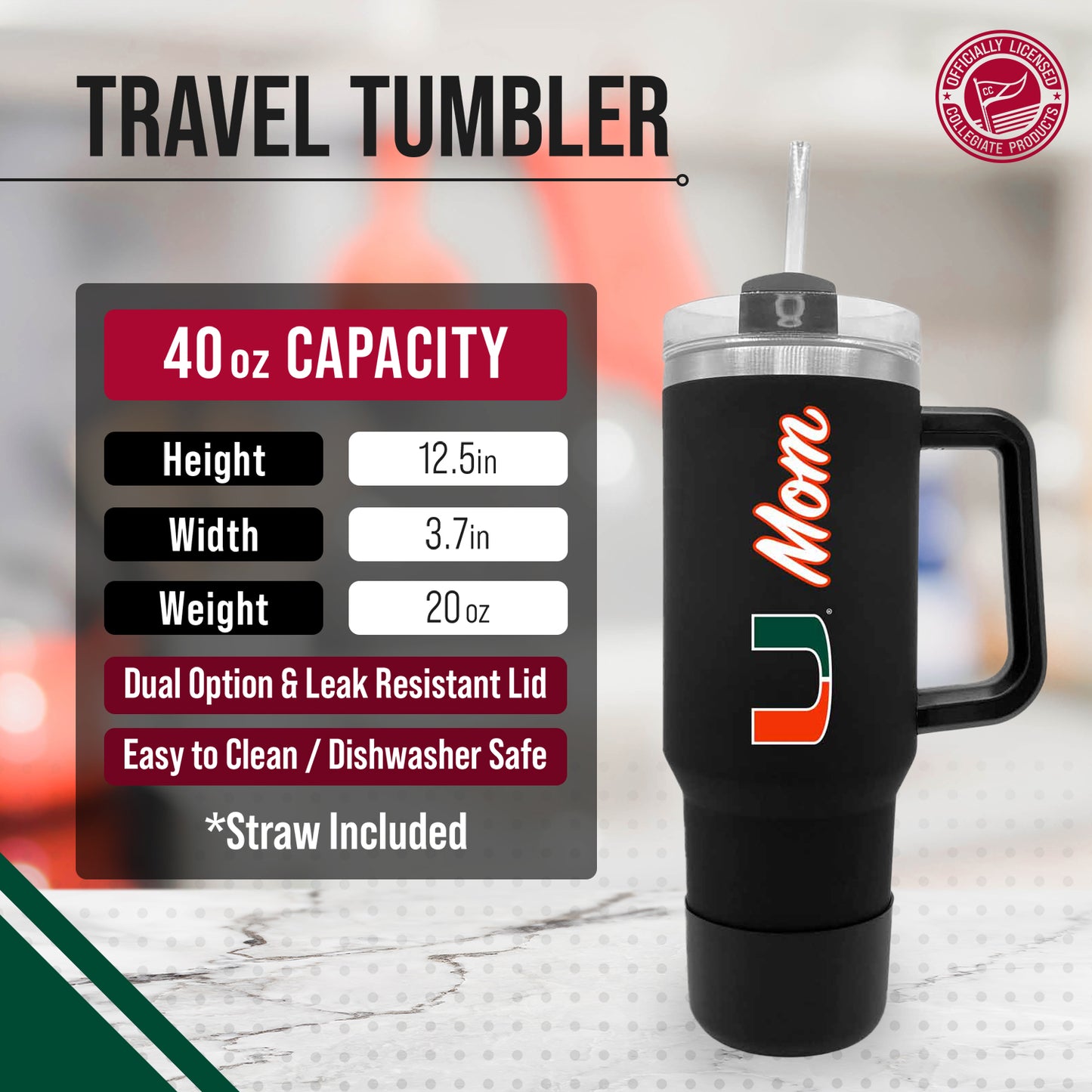 Miami Hurricanes Collegiate 40oz Stainless Steel Travel Tumbler with Handle for Mom - Black