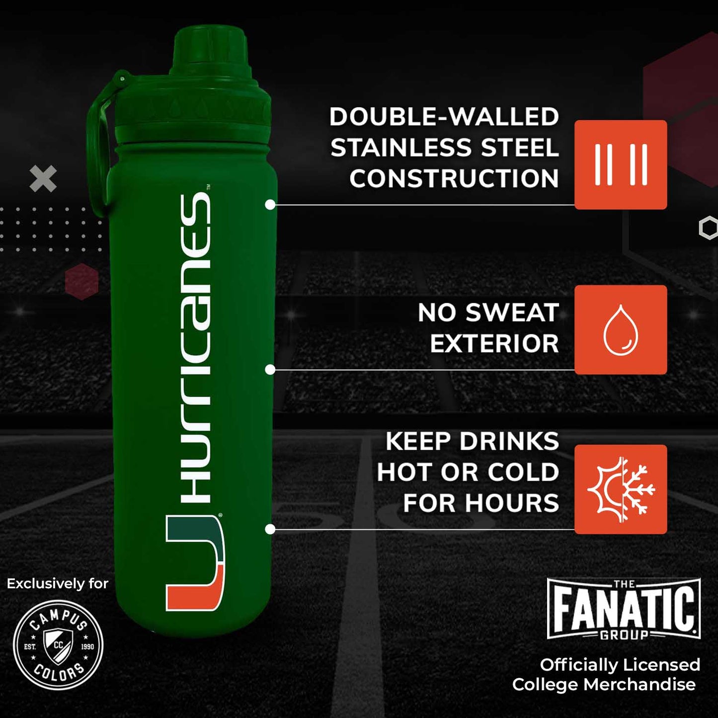 Miami Hurricanes NCAA Stainless Steel Water Bottle - Green