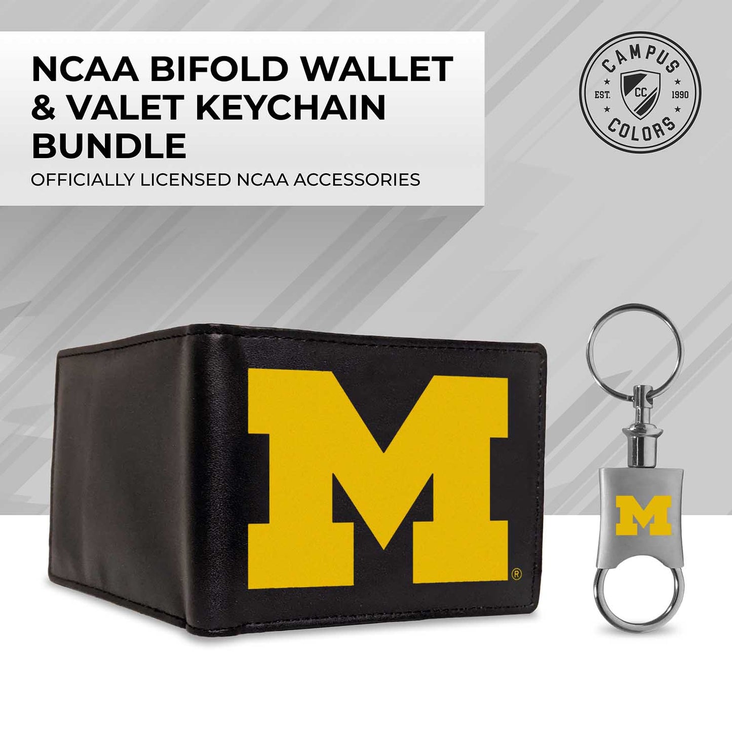 Michigan Wolverines University Team Logo Mens Bi Fold Wallet and Unisex Valet Keychain Bundle - Black