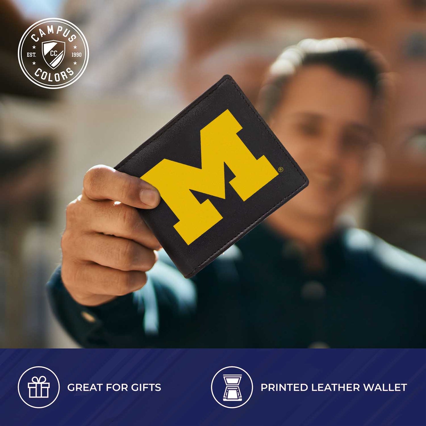 Michigan Wolverines University Team Logo Mens Bi Fold Wallet and Unisex Valet Keychain Bundle - Black
