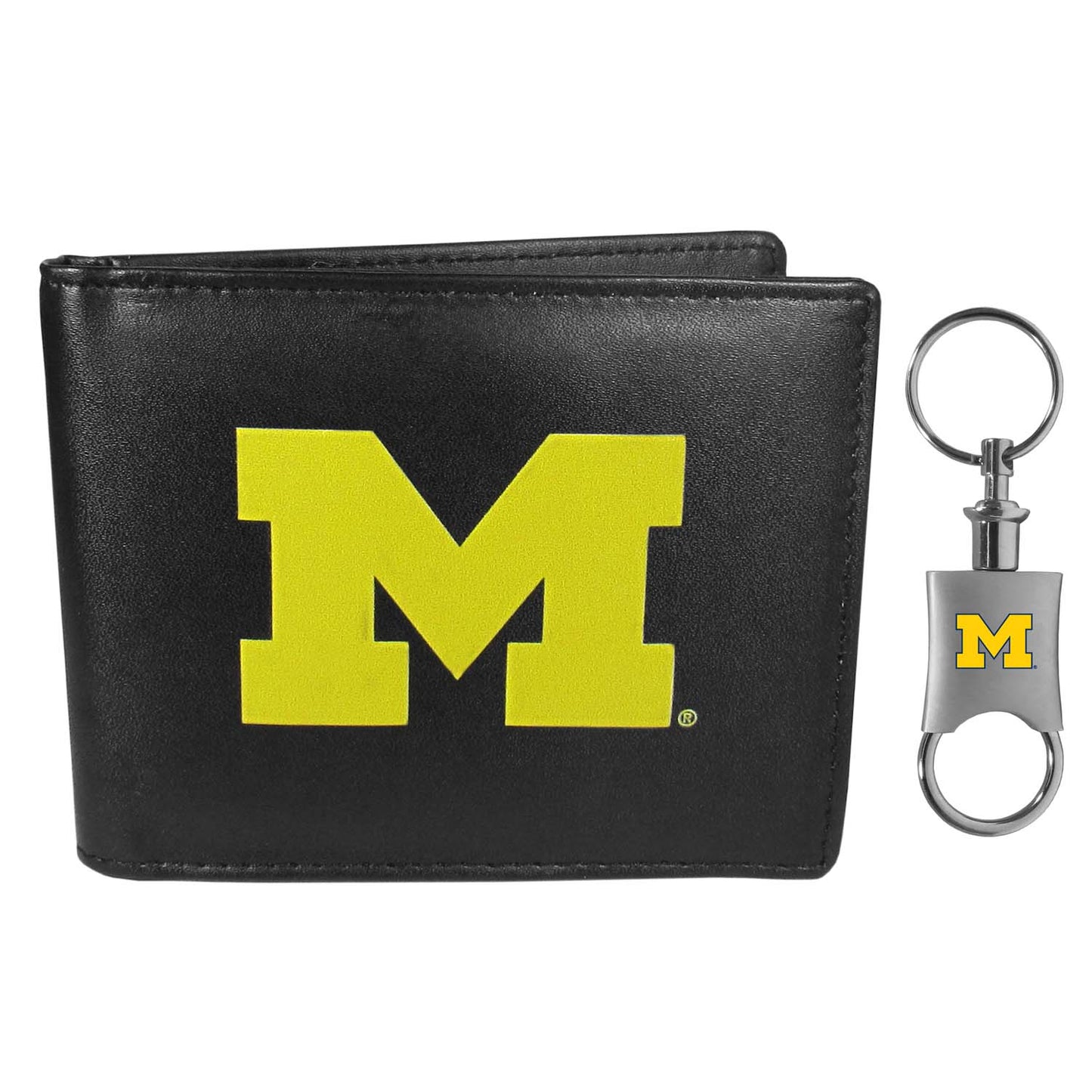 Michigan Wolverines University Team Logo Mens Bi Fold Wallet and Unisex Valet Keychain Bundle - Black