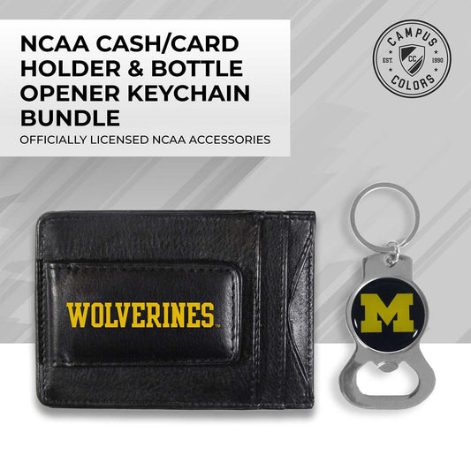 Michigan Wolverines School Logo Leather Card/Cash Holder and Bottle Opener Keychain Bundle - Black
