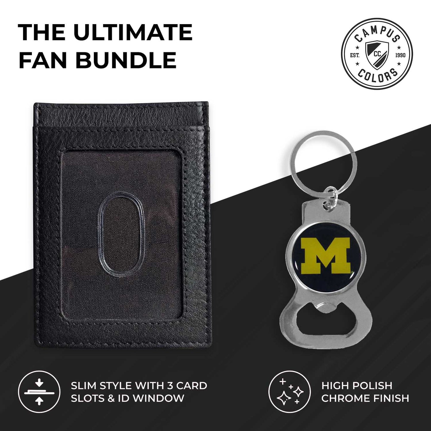 Michigan Wolverines School Logo Leather Card/Cash Holder and Bottle Opener Keychain Bundle - Black