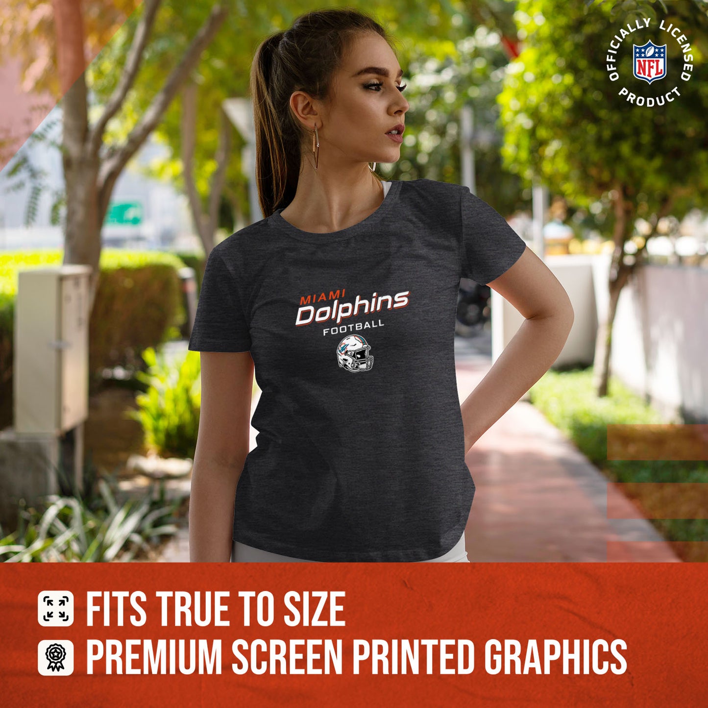 Miami Dolphins Women's NFL Football Helmet Short Sleeve Tagless T-Shirt - Charcoal