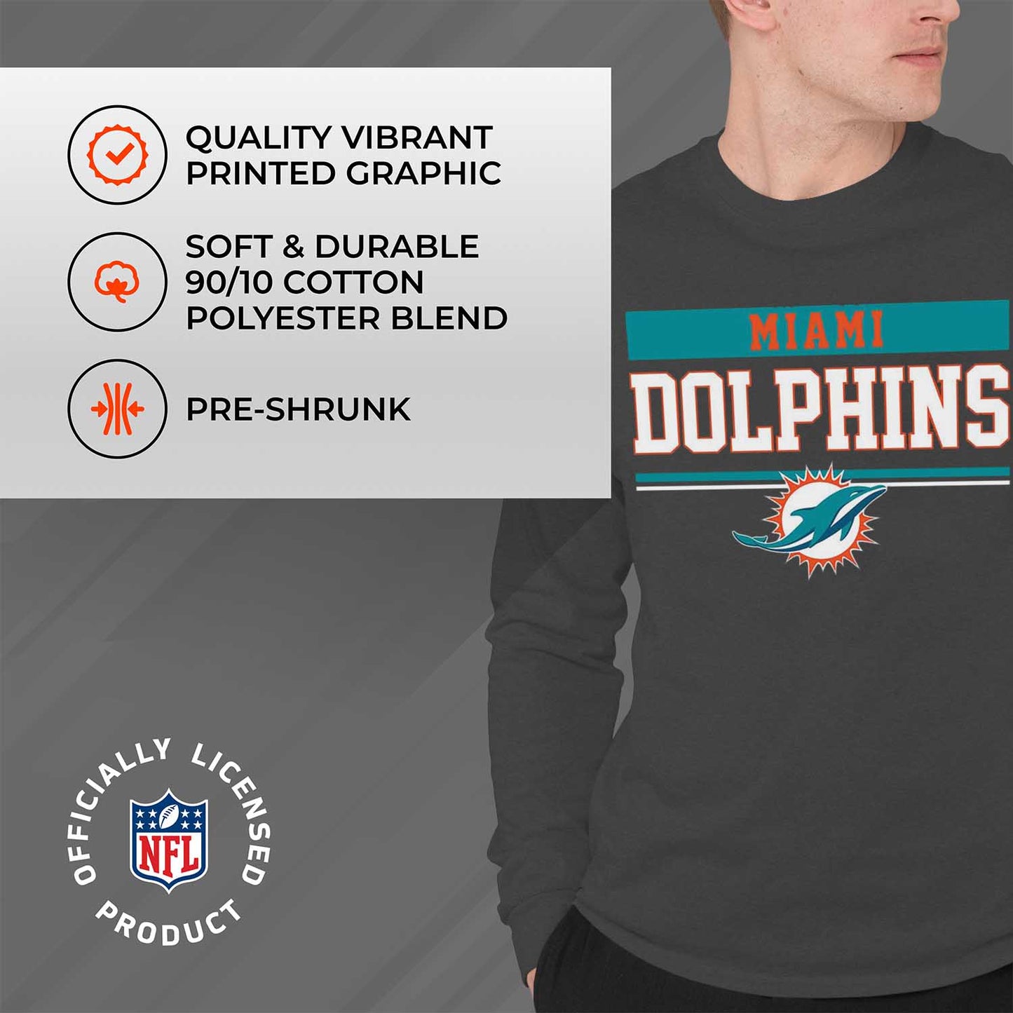 Miami Dolphins NFL Adult Charcoal Long Sleeve T Shirt - Charcoal