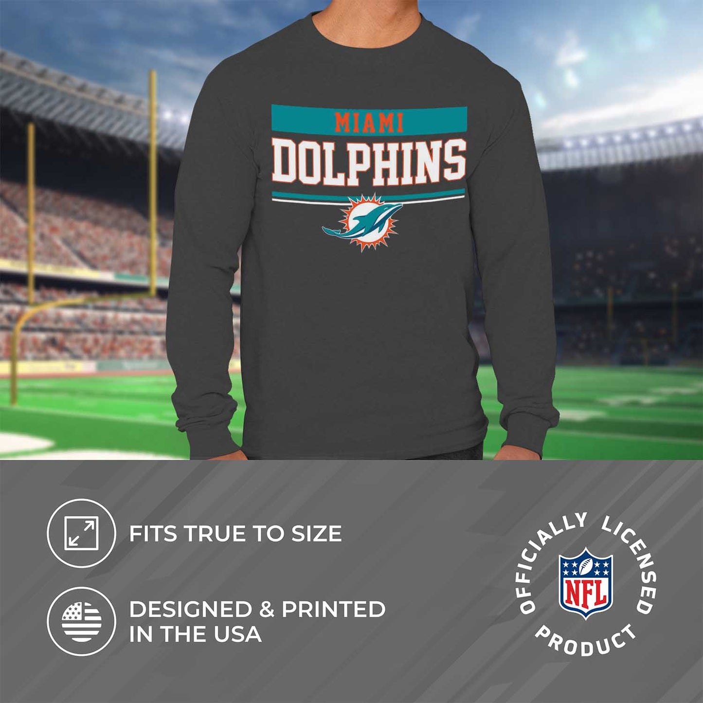 Miami Dolphins NFL Adult Charcoal Long Sleeve T Shirt - Charcoal