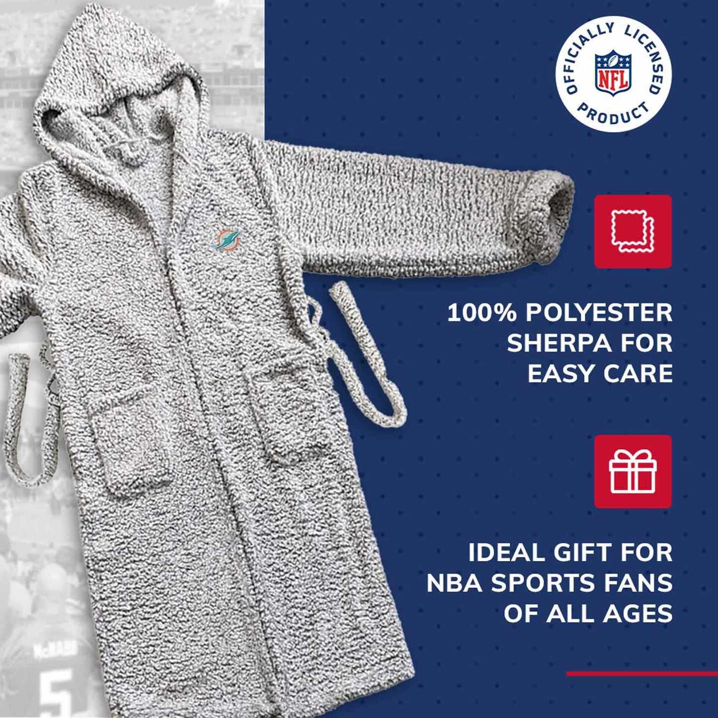 Miami Dolphins NFL Plush Hooded Robe with Pockets - Gray