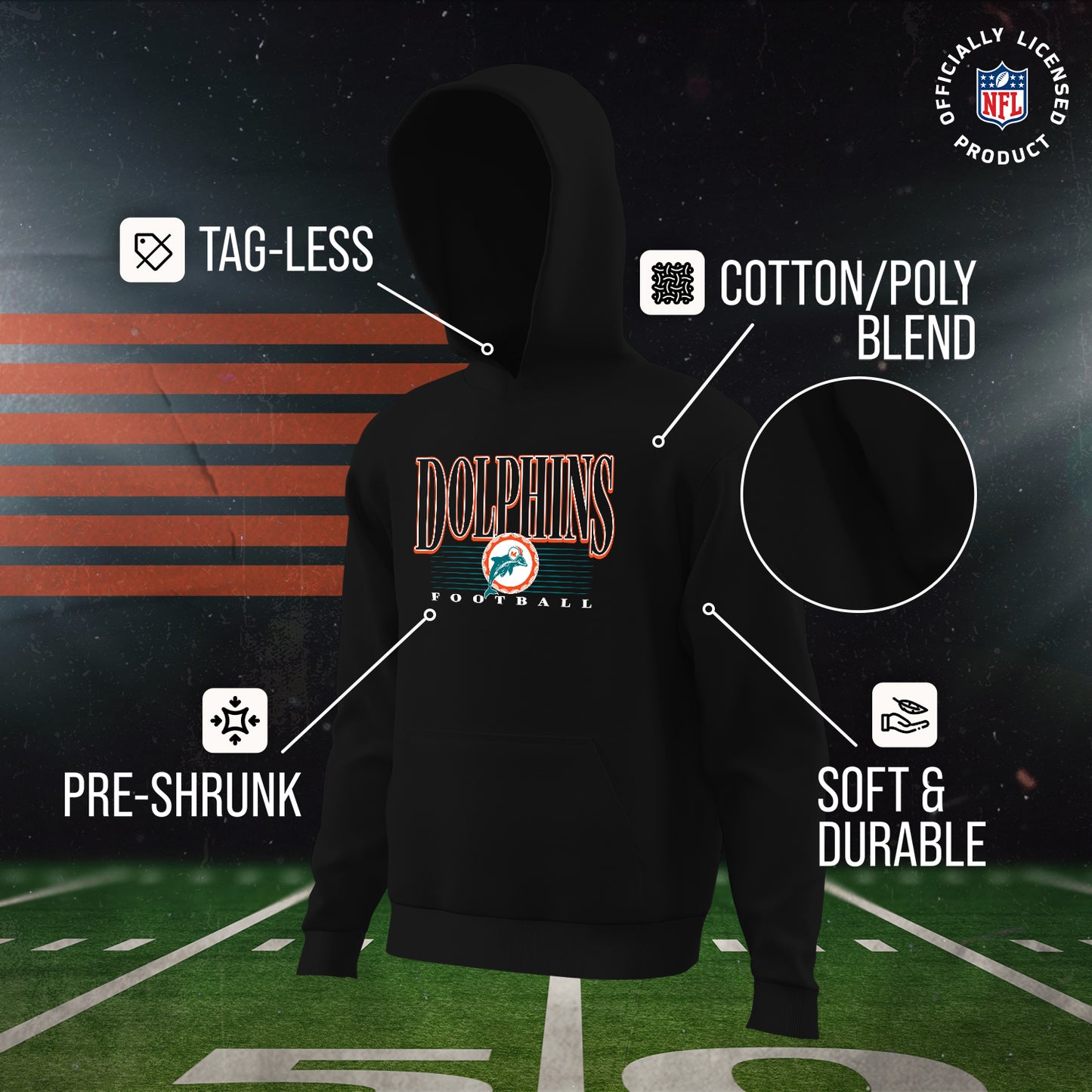 Miami Dolphins NFL Youth Overtime Blueprint Football Fleece Hooded Sweatshirt - Black