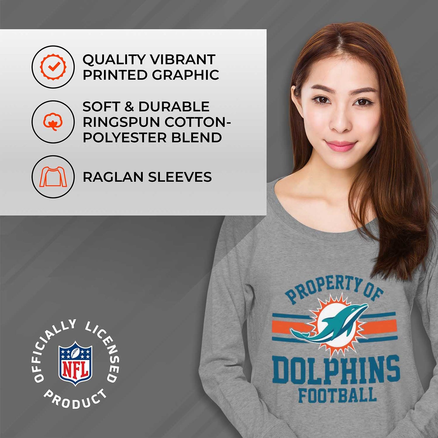 Miami Dolphins NFL Womens Plus Size Property of Lightweight Crew Neck - Sport Gray
