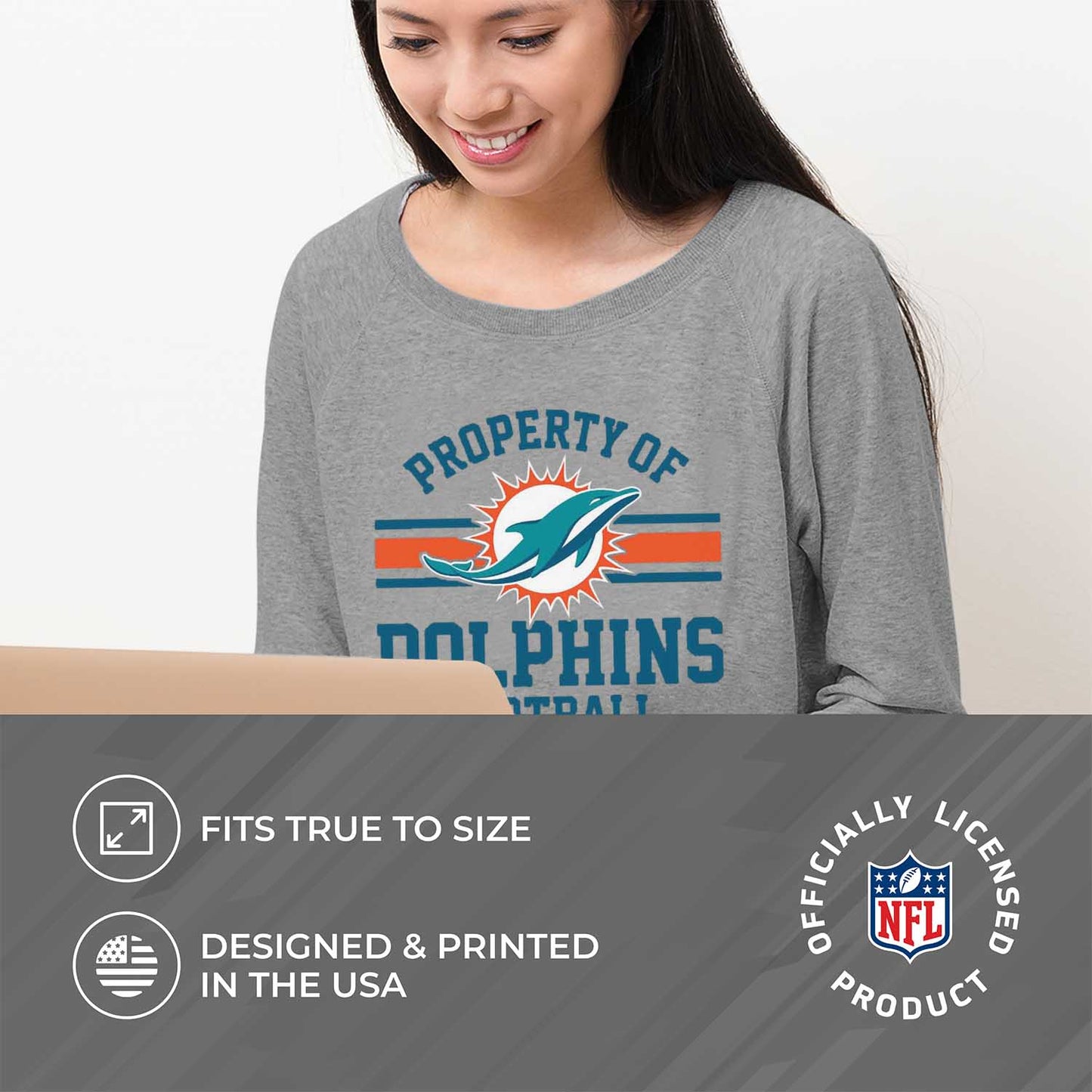 Miami Dolphins NFL Womens Plus Size Property of Lightweight Crew Neck - Sport Gray