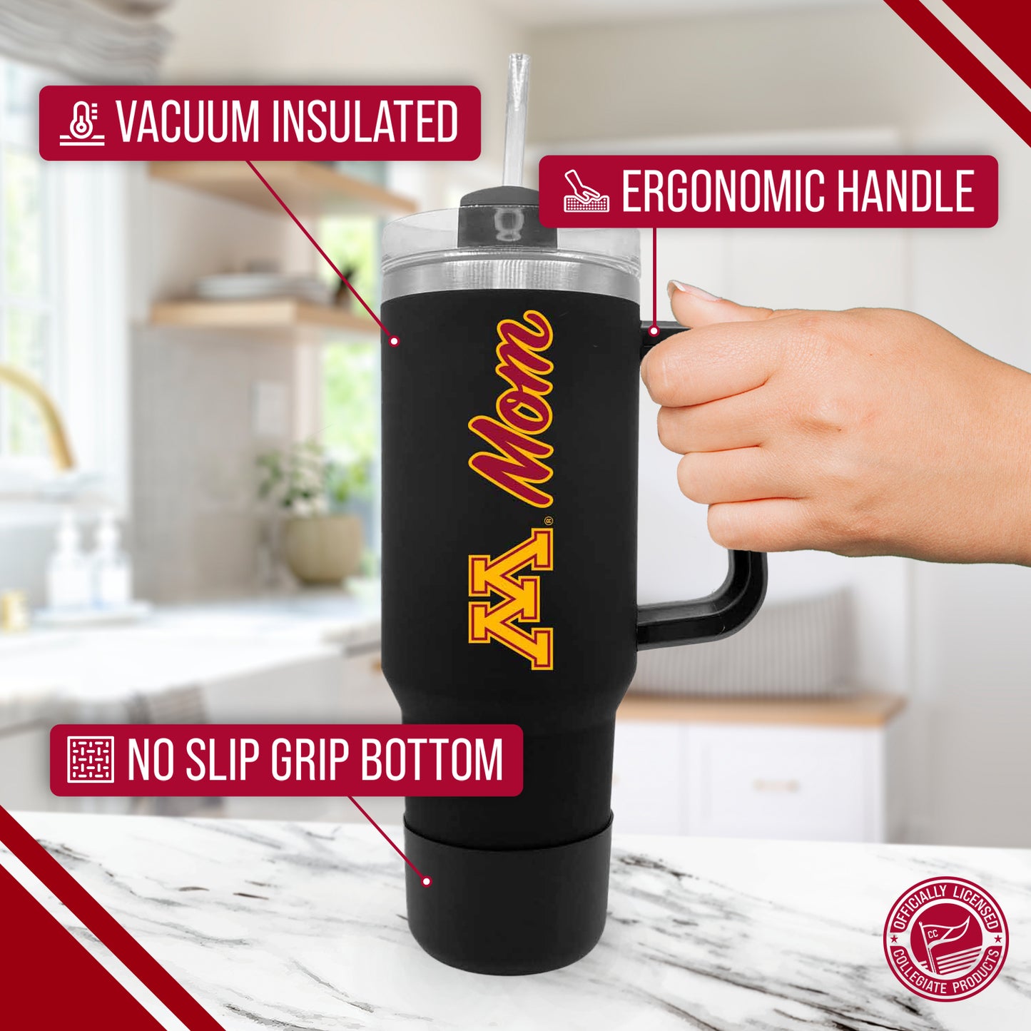 Minnesota Golden Gophers Collegiate 40oz Stainless Steel Travel Tumbler with Handle for Mom - Black