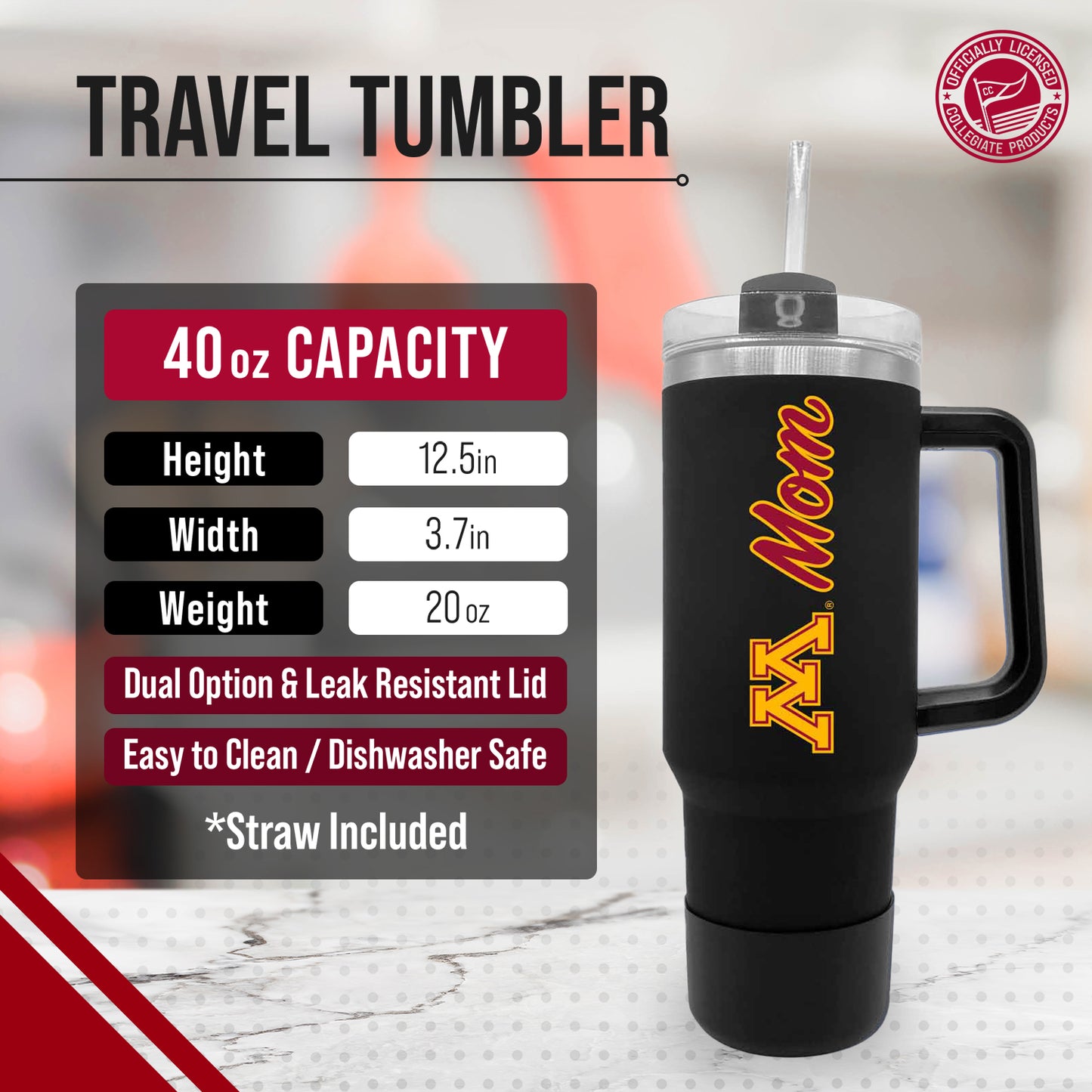 Minnesota Golden Gophers Collegiate 40oz Stainless Steel Travel Tumbler with Handle for Mom - Black