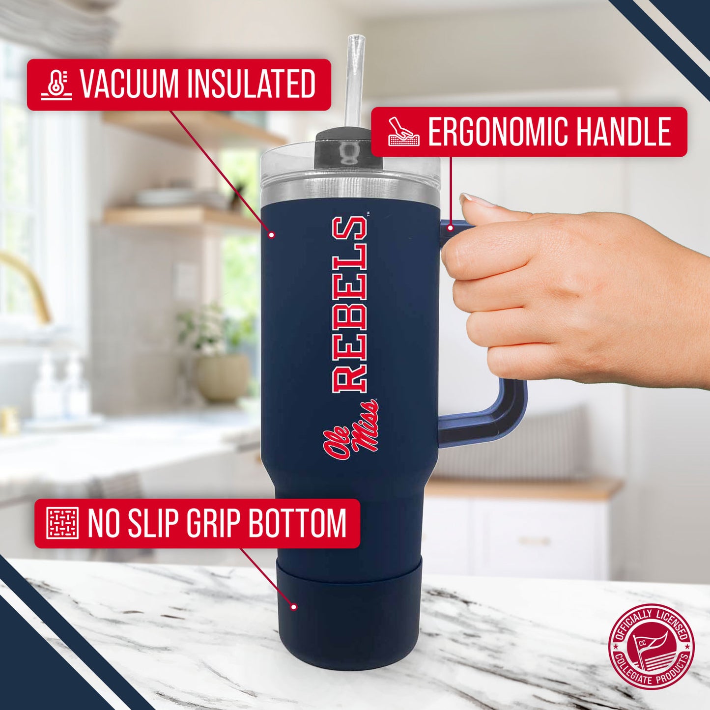 Ole Miss Rebels College & University 40 oz Travel Tumbler With Handle - Navy