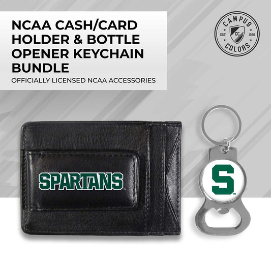 Michigan State Spartans School Logo Leather Card/Cash Holder and Bottle Opener Keychain Bundle - Black