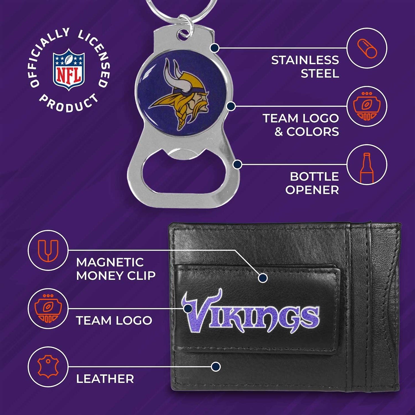 Minnesota Vikings NFL Bottle Opener Keychain Bundle - Black