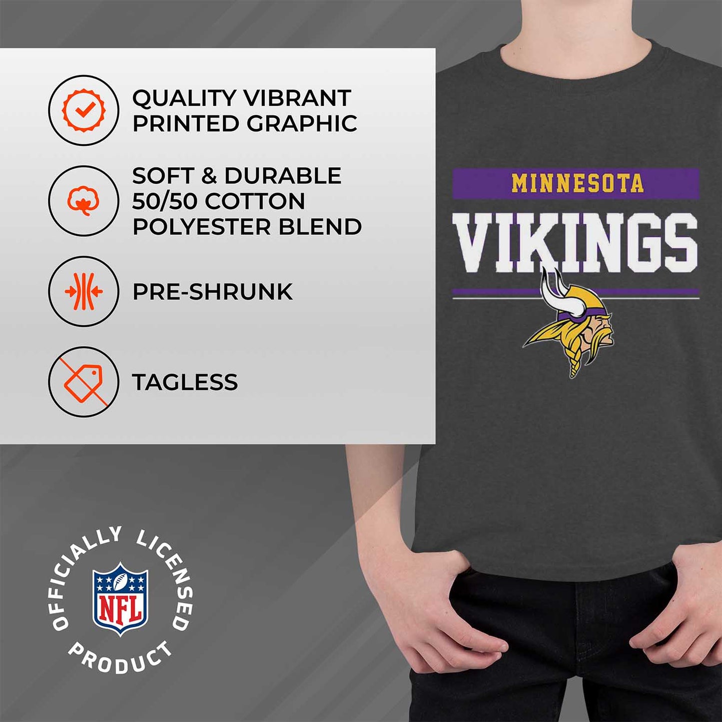 Minnesota Vikings NFL Youth Short Sleeve Charcoal T Shirt - Charcoal