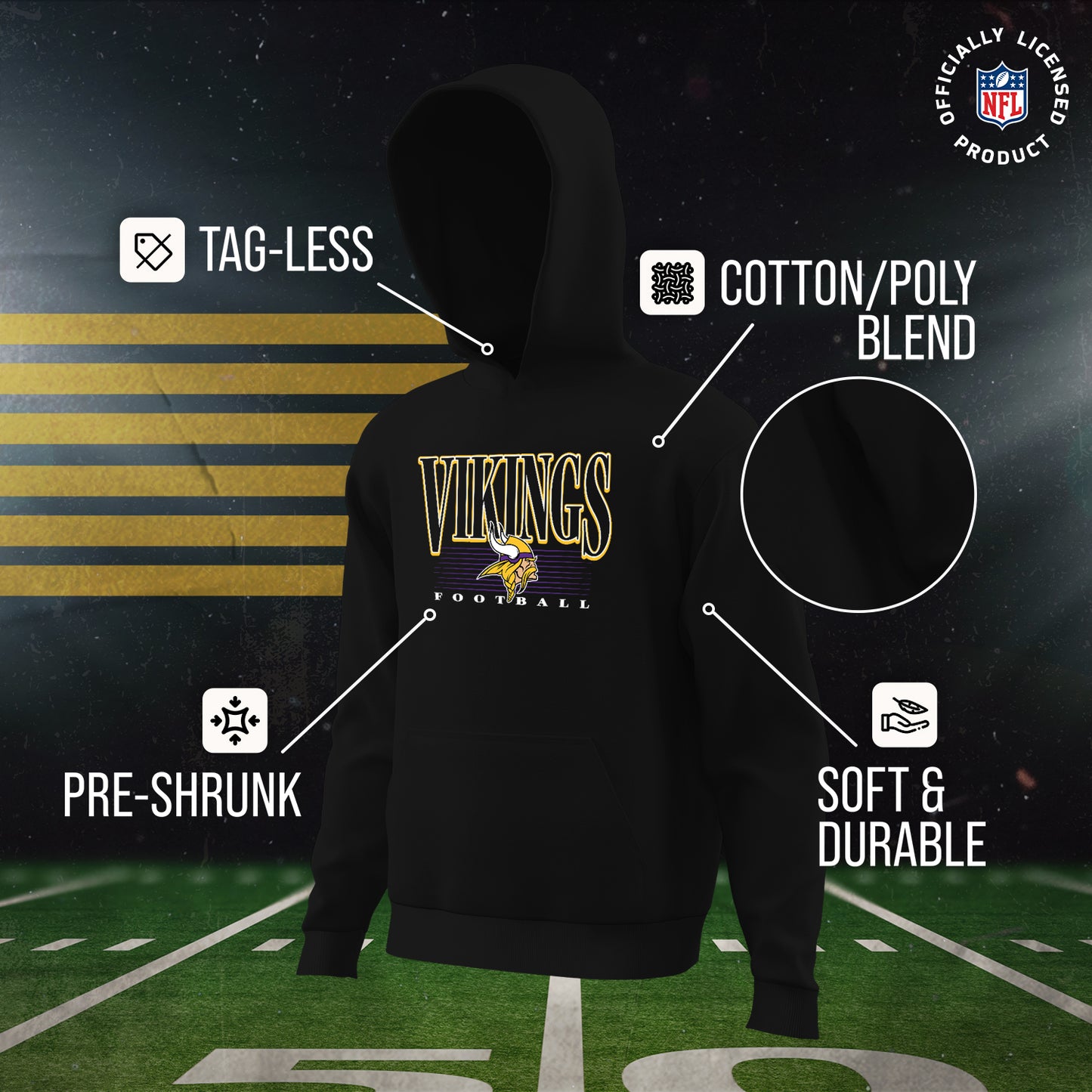 Minnesota Vikings NFL Youth Overtime Blueprint Football Fleece Hooded Sweatshirt - Black