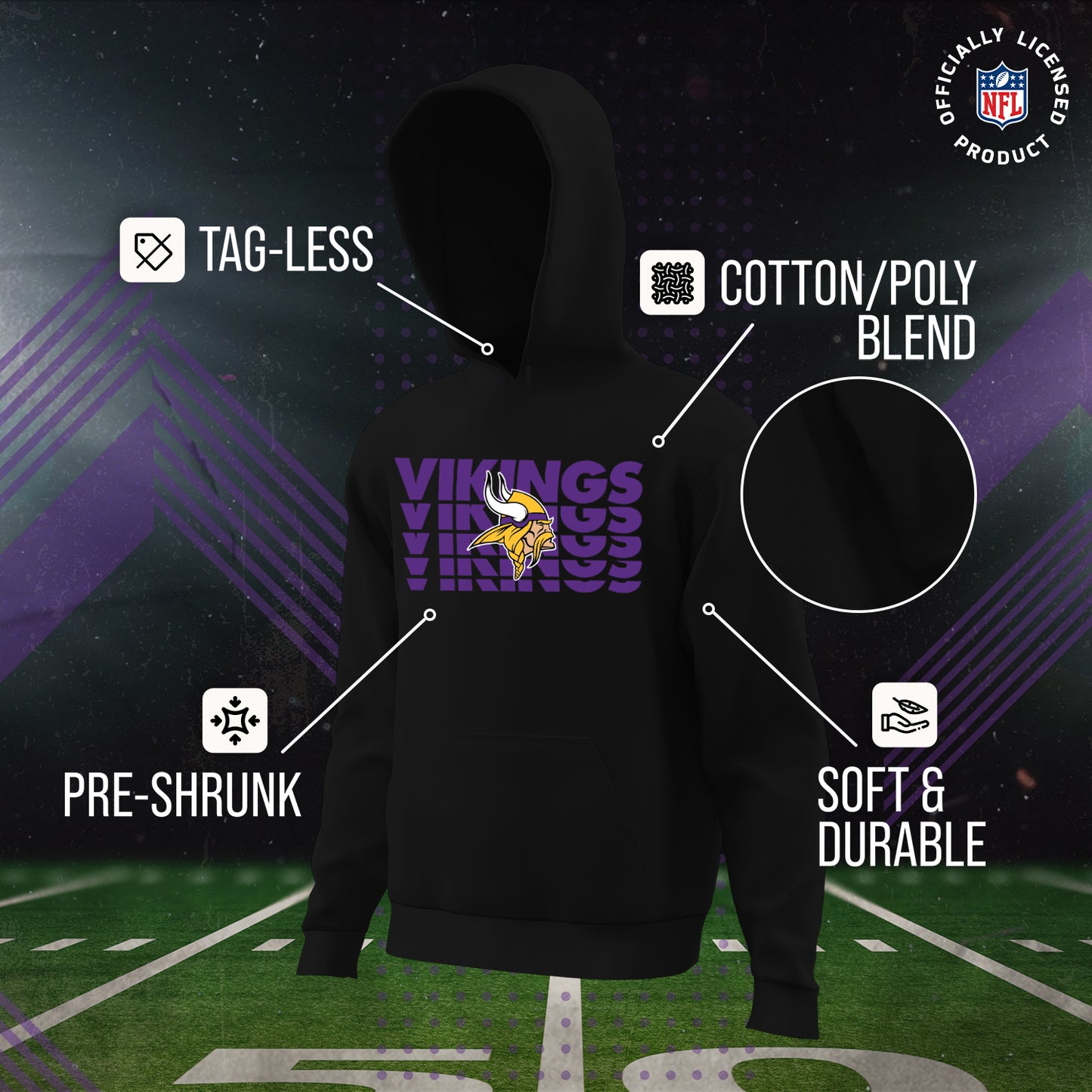 Minnesota Vikings NFL Youth Repeating Logo Football Fleece Hooded Sweatshirt - Black