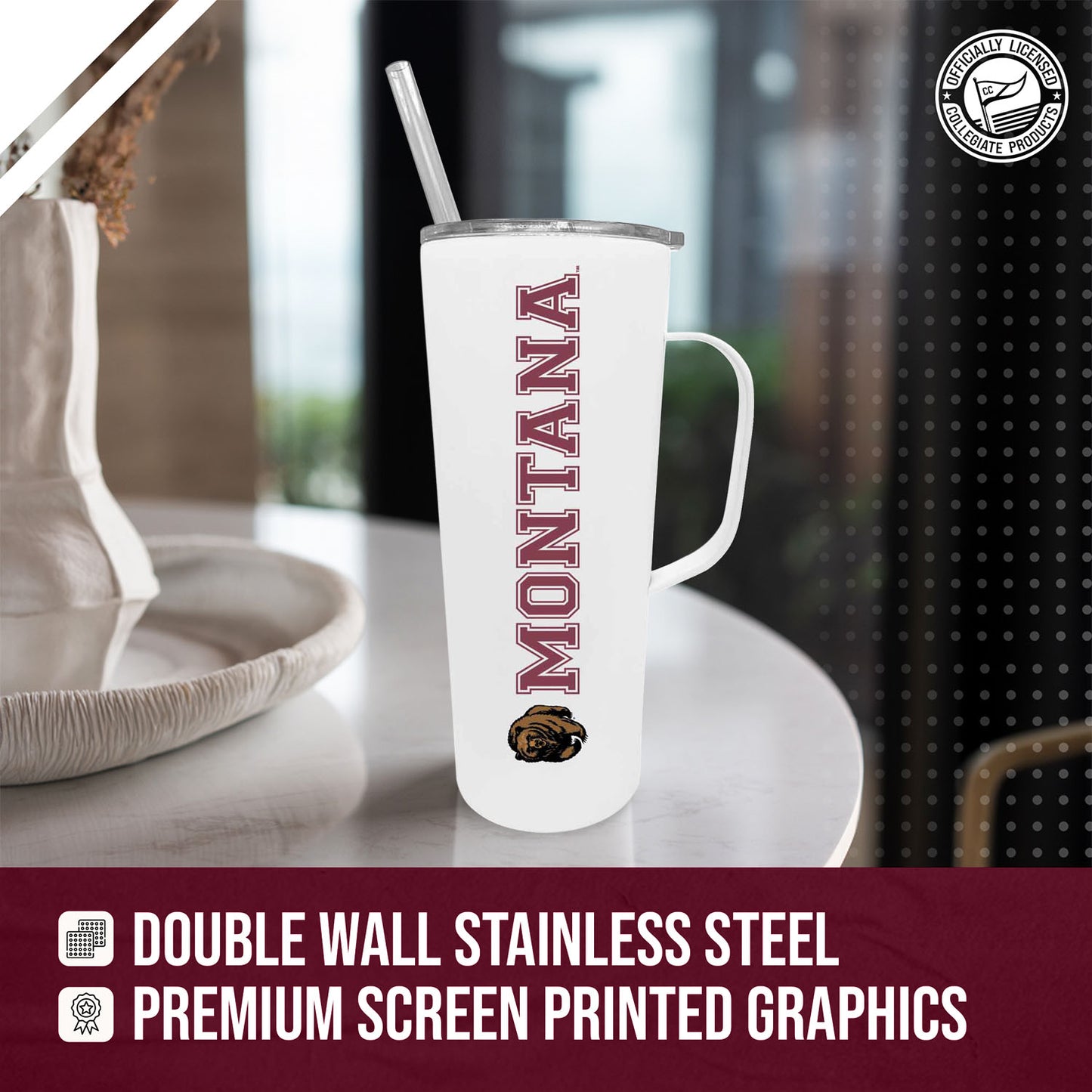 Montana Grizzlies NCAA Stainless Steel 20oz Roadie With Handle & Dual Option Lid With Straw - White