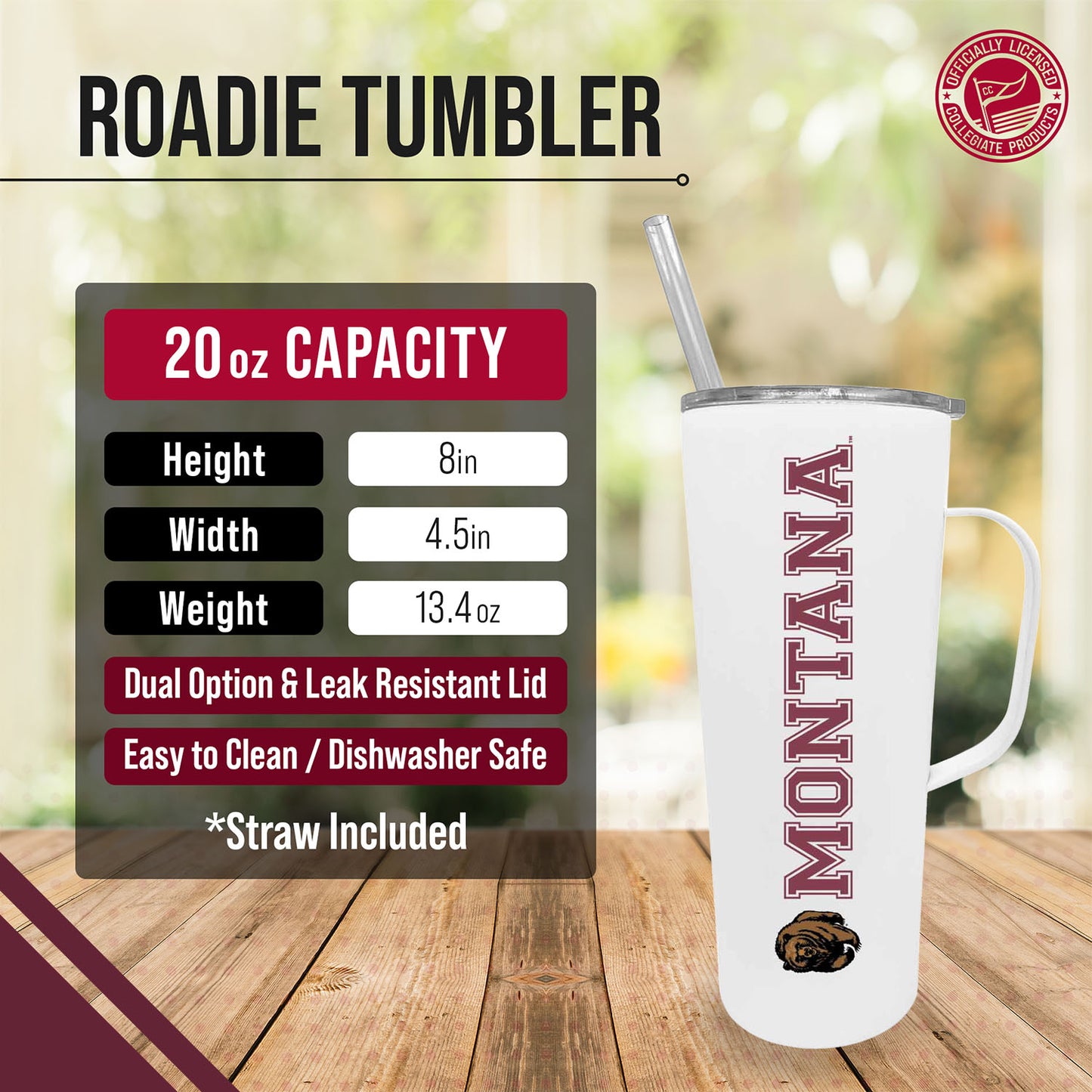 Montana Grizzlies NCAA Stainless Steel 20oz Roadie With Handle & Dual Option Lid With Straw - White