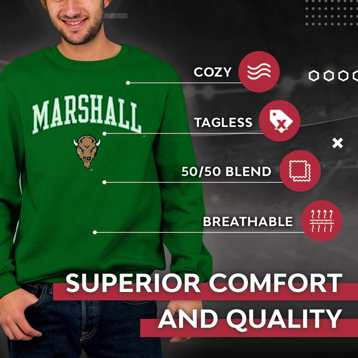 Marshall Thundering Herd Adult Arch & Logo Soft Style Gameday Crewneck Sweatshirt - Green