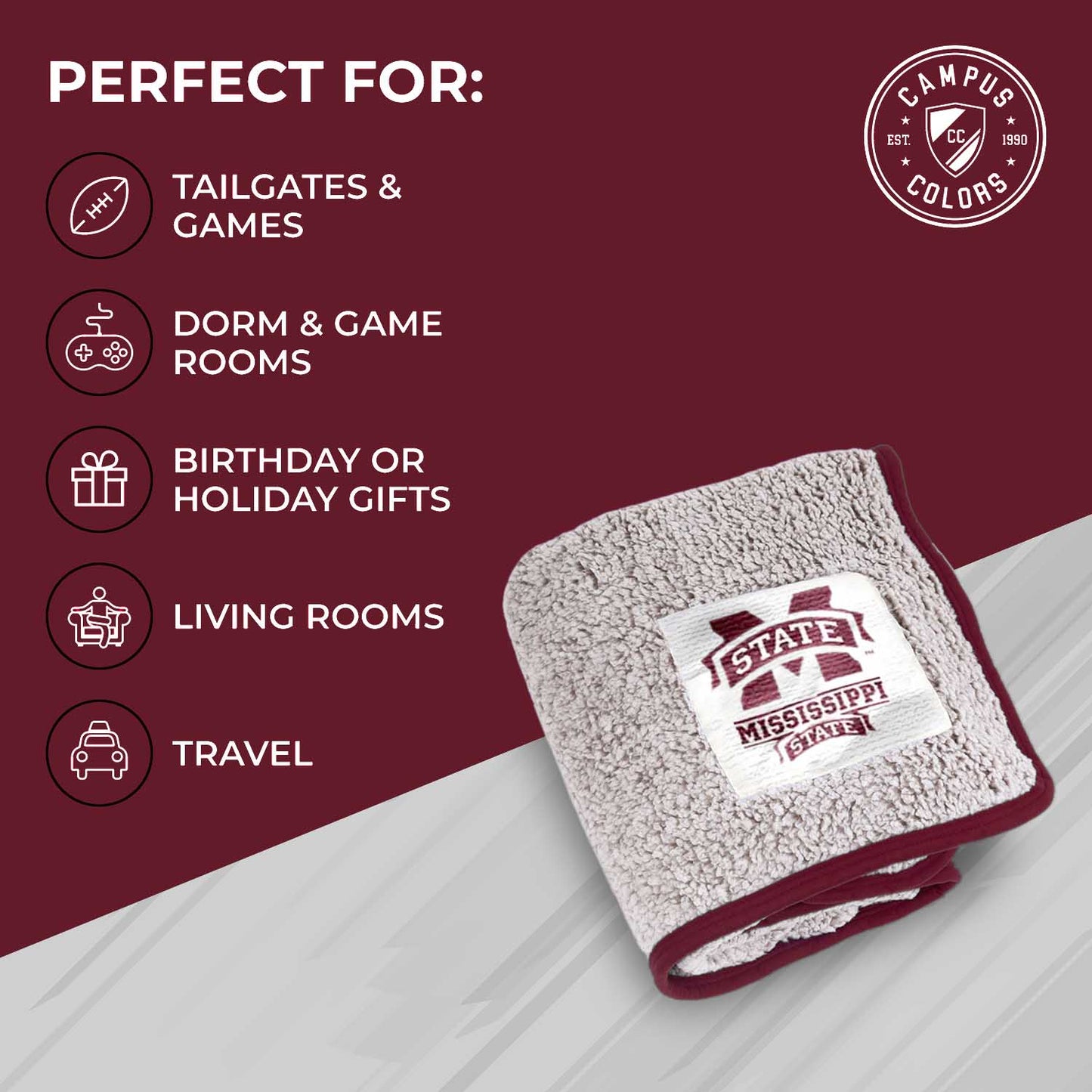 Mississippi State Bulldogs NCAA Silk Sherpa College Throw Blanket - Maroon