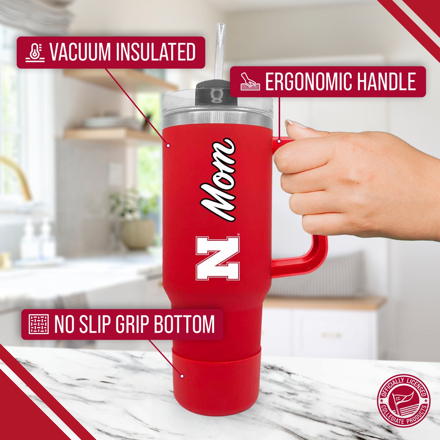 Nebraska Cornhuskers Collegiate 40oz Stainless Steel Travel Tumbler with Handle for Mom - Red