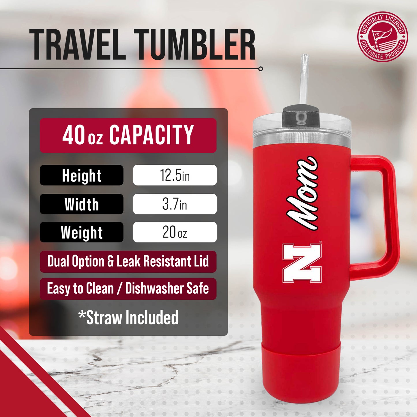 Nebraska Cornhuskers Collegiate 40oz Stainless Steel Travel Tumbler with Handle for Mom - Red