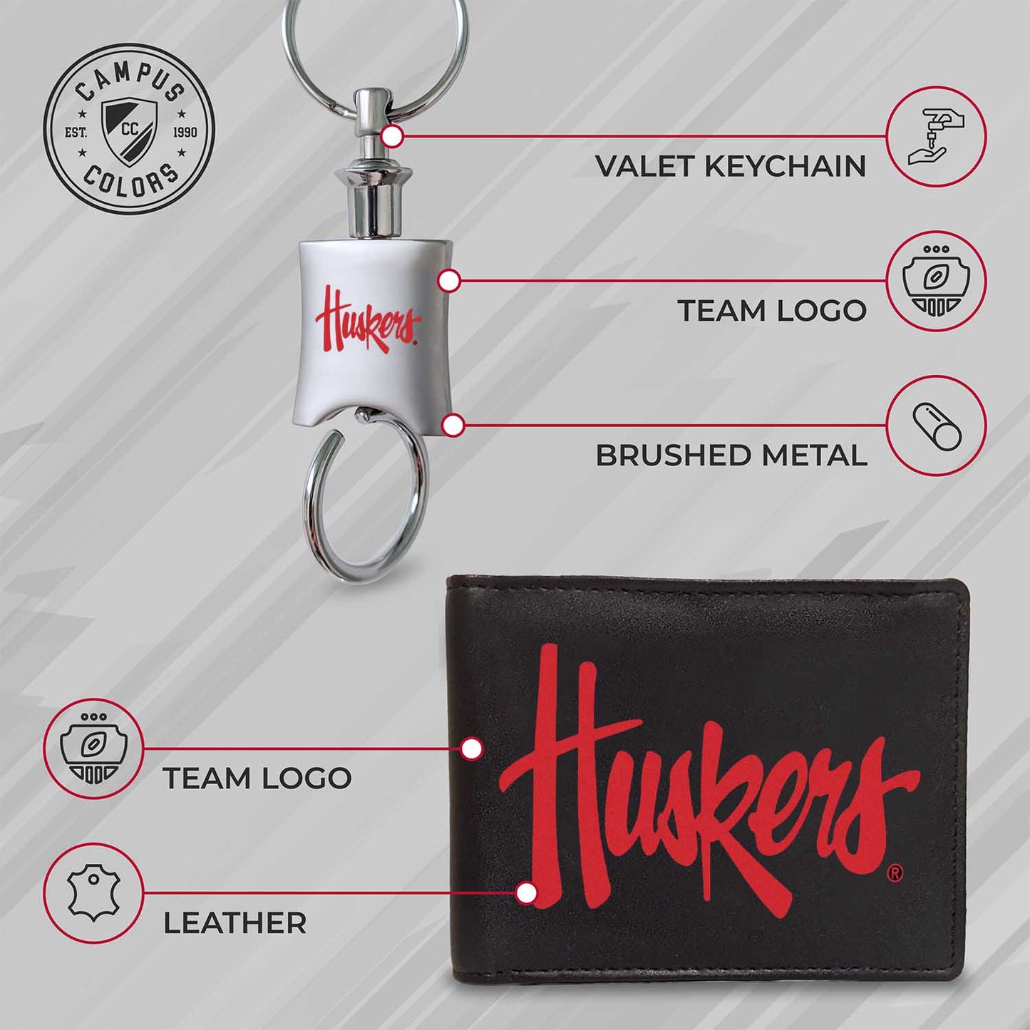 Nebraska Cornhuskers University Team Logo Mens Bi Fold Wallet and Unisex Valet Keychain Bundle - Black