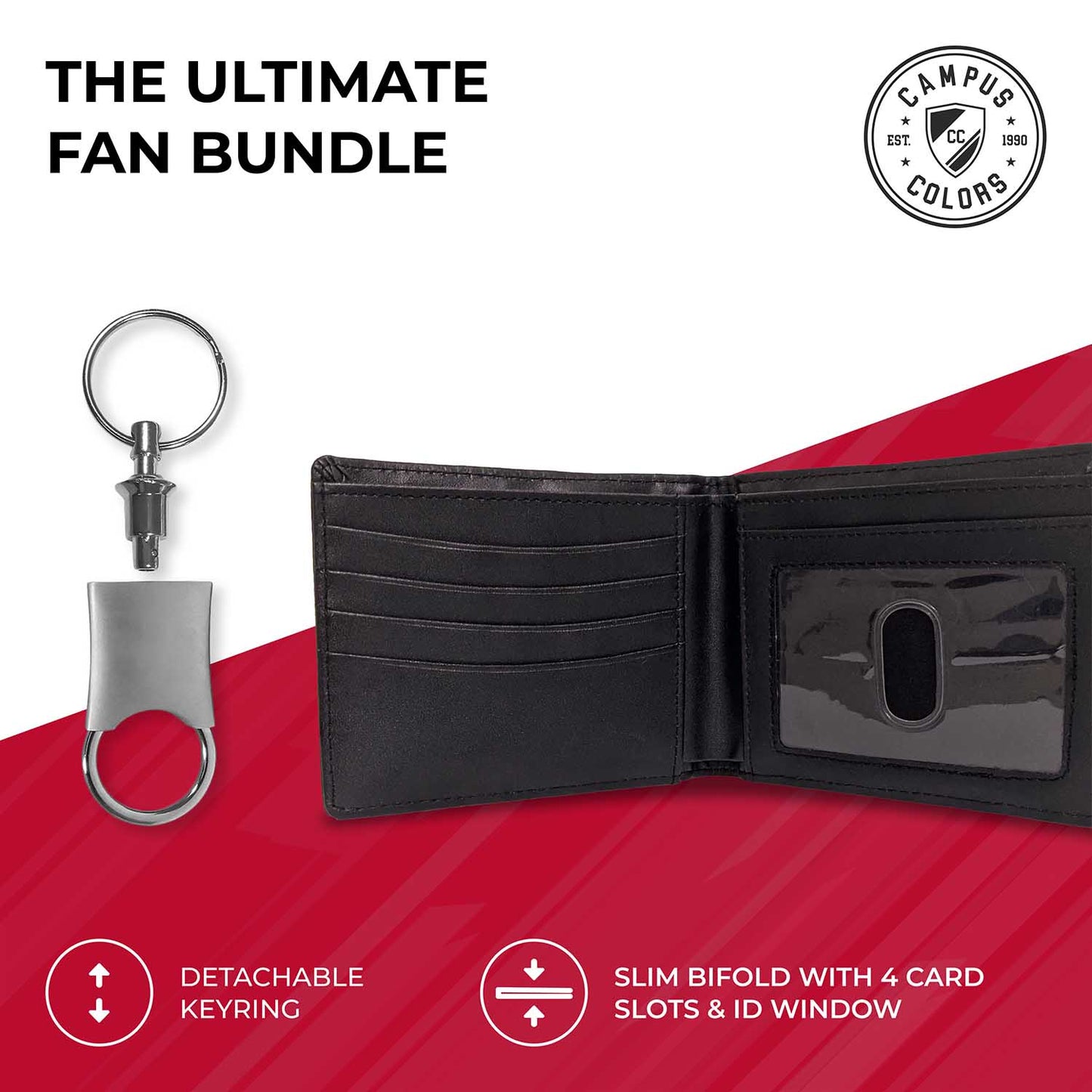 Nebraska Cornhuskers University Team Logo Mens Bi Fold Wallet and Unisex Valet Keychain Bundle - Black